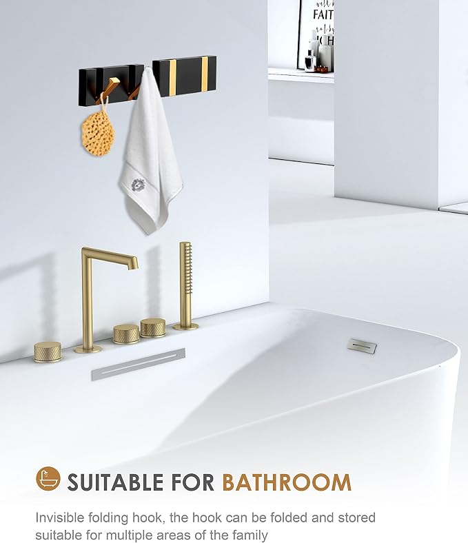 2 Pack，Waterproof Black Gold Wall Hooks，Foldable Towel Hooks for Bathrooms，Coat Hooks Wall Mounted，Free Perforated，Modern Coat Hooks，Bathroom Towel Hooks，Towel Door Hooks，Also for Balcony，Kitchen.