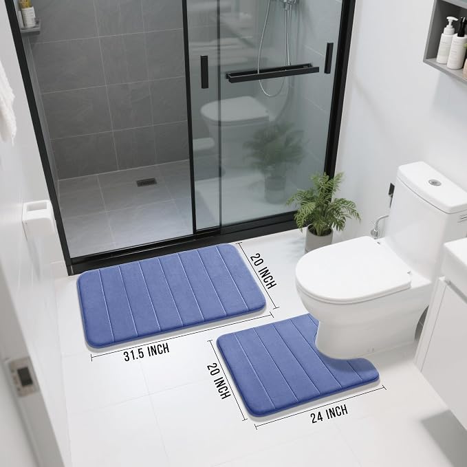 Yimobra Memory Foam Bath Mat Set 2 Piece - Super Soft Absorbent Quick Dry Bathroom Toilet Rugs, Machine Washable Non Slip Floor Carpet for Tub Shower & Single Sink (31.5x20 & 24x20, Navy Blue)