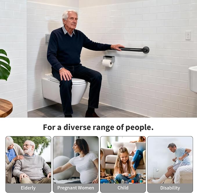 2 Pack Shower Grab Bar 16 Inch, ZUXET Matte Black Handicap Grab Bar w/Knurled Grip, 304 Stainless Steel Bathroom Handrail for Toilet, Shower, Bathtub, Wall Mounted Anti-Slip Support Bar for Seniors