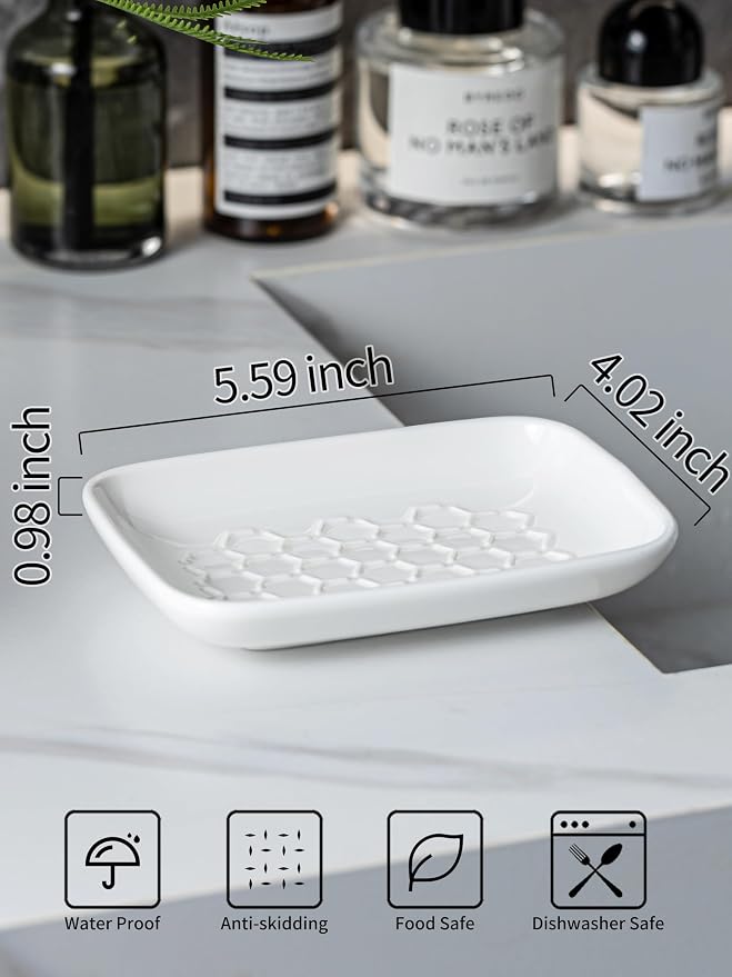 Gomakren Soap Dish for Shower, Ceramic Bar Soap Holder with Honeycomb Design, Soap Saver Tray for Bathroom Kitchen Sink, Sponge & Organizer Tray, Upscale Look, 5.5 Inch, White