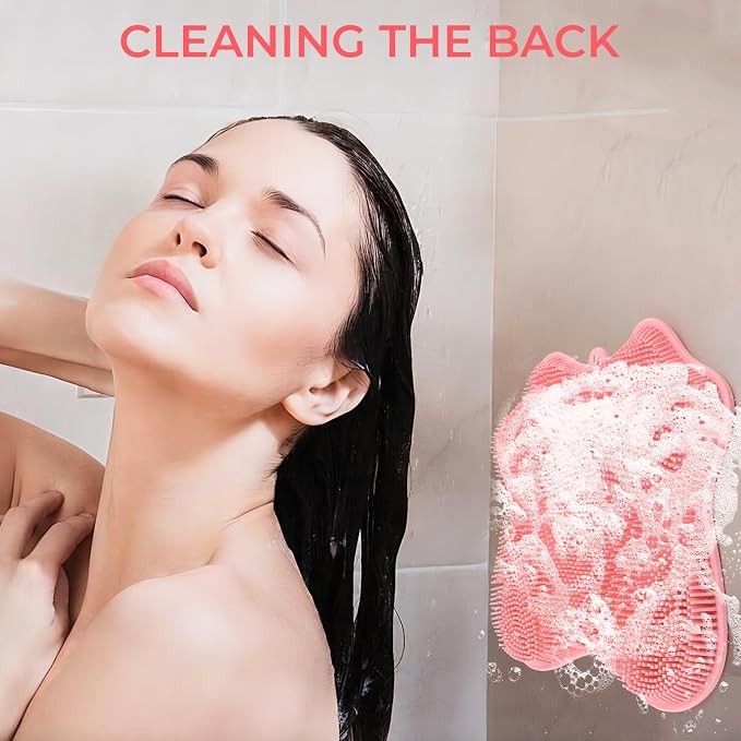Silicone Foot Scrubber Mat for Shower Bath Foot and Back, Shower Feet Brush Pad with Wall-Mounted Suction Cups (Pink)