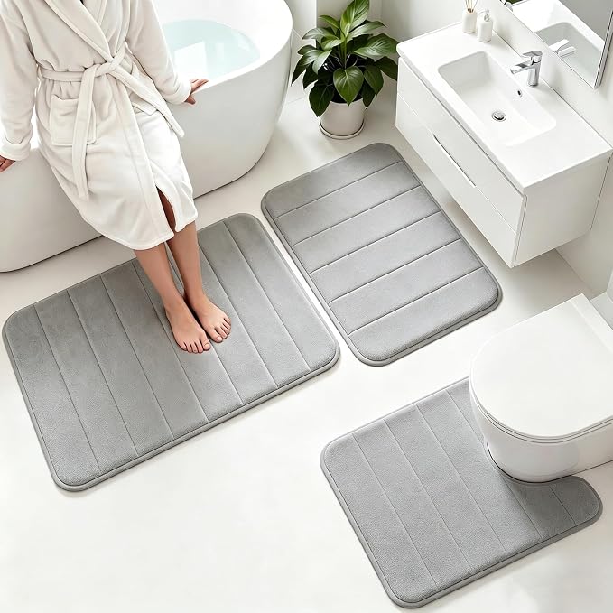 Memory Foam Bath Mat Set 3 Piece，Super Soft Absorbent Bathroom Rug Non Slip, Quick Dry,Machine Wash, Perfect Plush Bathroom Rugs,Home Decor Accessories,Grey