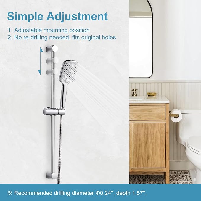 OFFO Shower Slide Bar Combo, Adjustable 27 in Slide Bar with 3-Mode Square Handheld Shower Head and 60 in Stainless Steel Hose, Screw Wall Mounted, Chrome Finish