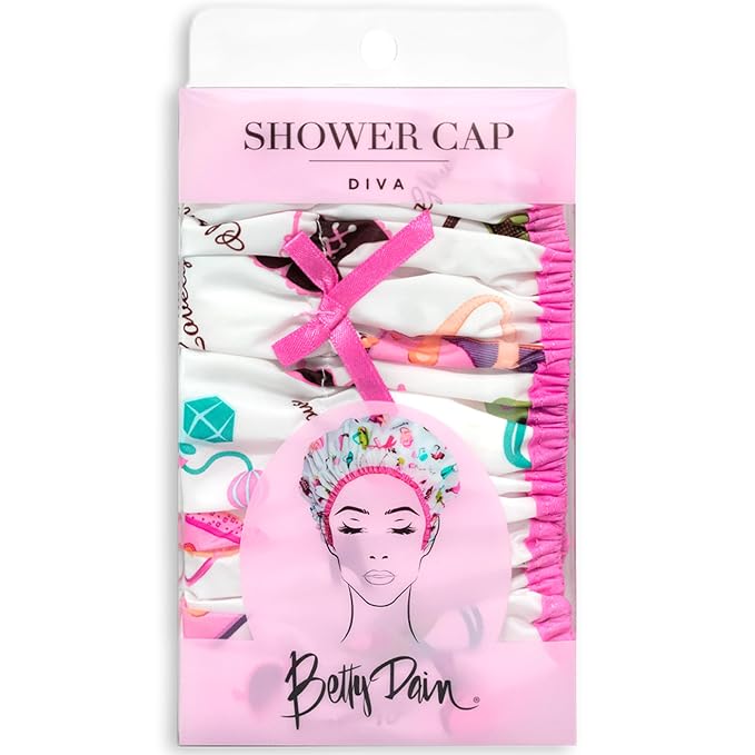 Betty Dain Fashionista Reusable Shower Cap, Diva, Lined | Oversized Waterproof Lined Bath Cap for All Hair Lengths, Elastic Stretch Hem Hair Hat