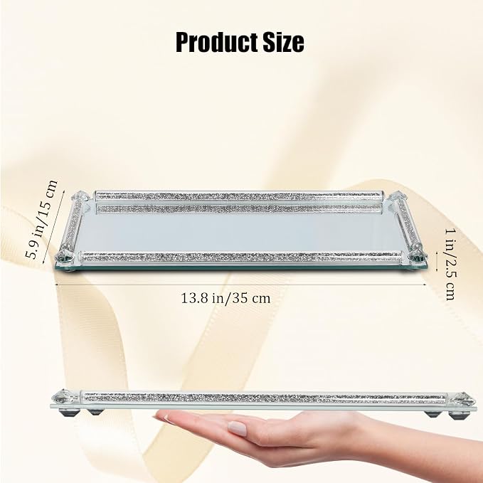 Silver Mirror Perfume Tray for Dresser,Crushed Diamond Filled Glass Vanity Tray,Decorative Bathroom Tray,Crystal Tray for Home Decorative,Party,Hotel Banquet,13.8''x5.9''x1'',Silver