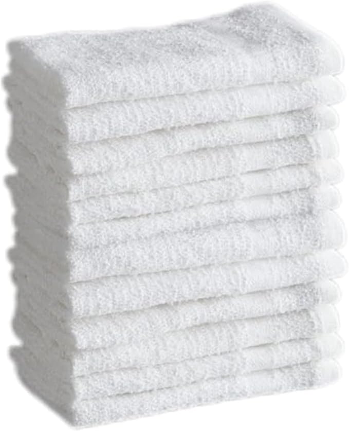 QUBA LINEN 100% Cotton Washcloth Set – Soft, Absorbent Face Towels for Bathroom & Gym Use – Durable, Reusable, Machine Washable Wash Cloths - White Color, 12x12 Inches, Pack of 12