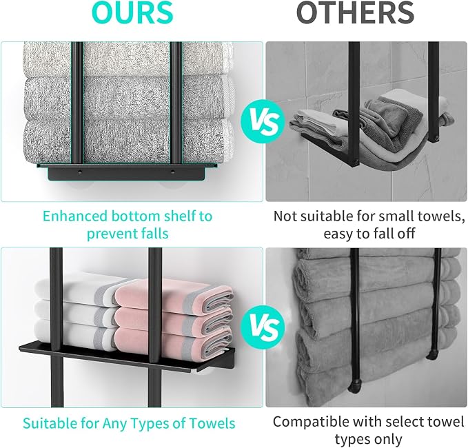 Over The Door Towel Rack, 3 Tier Hanging Towel Rack for Bathroom Stainless Steel, Over Door & Wall Mounted Towel Holder with Shelf Basket, Towel Storage for Small Bathroom, Black