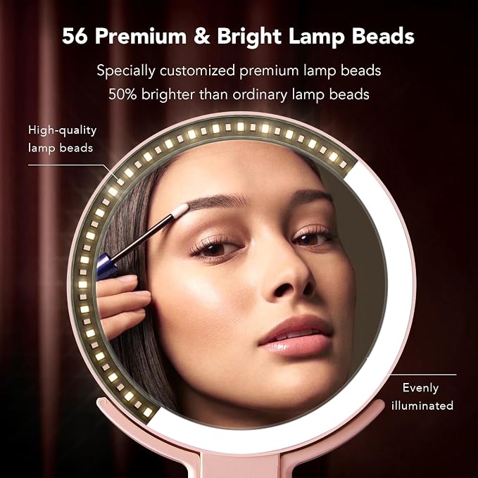 LitBear Travel Makeup Mirror with Lights, Rechargeable Double-Sided 10X/1X Magnifying Mirror, Portable Lighted Beauty Mirror, 3 Color Lighting, Dimmable Touch Screen, Tabletop Handhold Hanging (Pink)