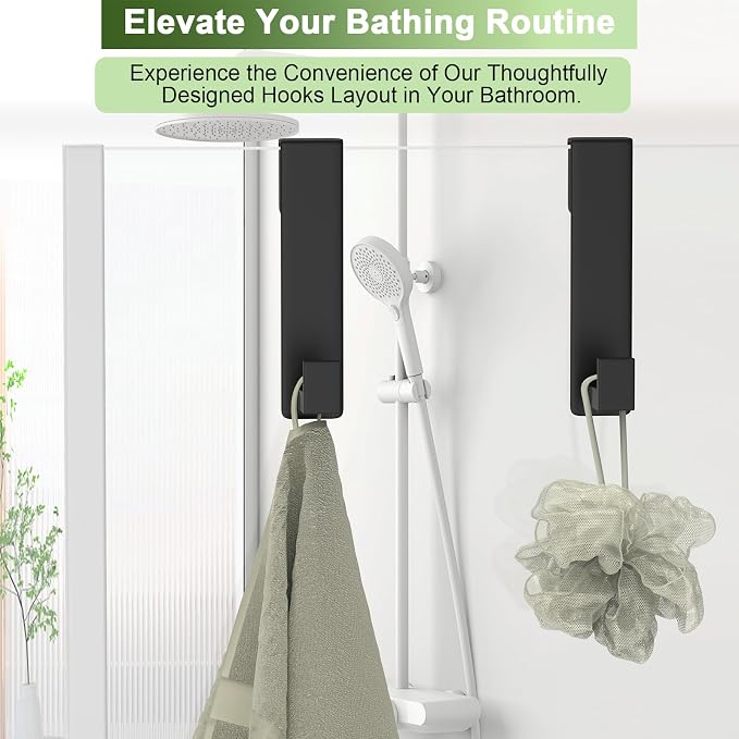Shower Door Hooks, Heavy Duty Rack Hooks for Robe, Stainless Steel Towel Hooks for Bathroom, Fits Frameless Glass Shower Doors up to 3/8" (10mm) Thick (Black, 2 Pack)
