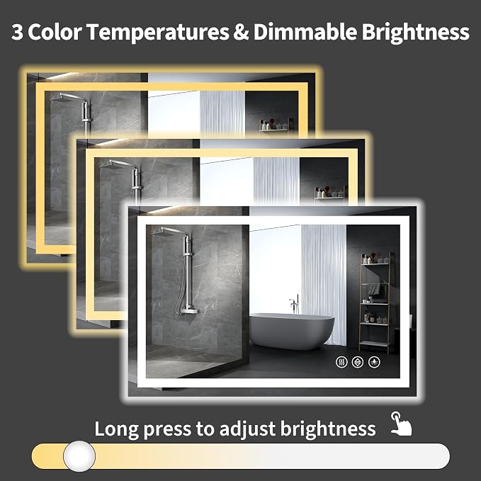 Koonmi 48x24 LED Bathroom Mirror with Light, Anti-Fog, 3 Colors | Backlit + Front Lit, Dimmable Brightness, Shatterproof HD Distortion-Free Tempered Glass, Hardware Included