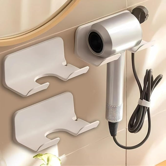 2-Pack Universal Hair Dryer Holder, Self Adhesive Wall Mount, White | Universal storage rack fits most brand blow dryers, ideal for bathroom organization