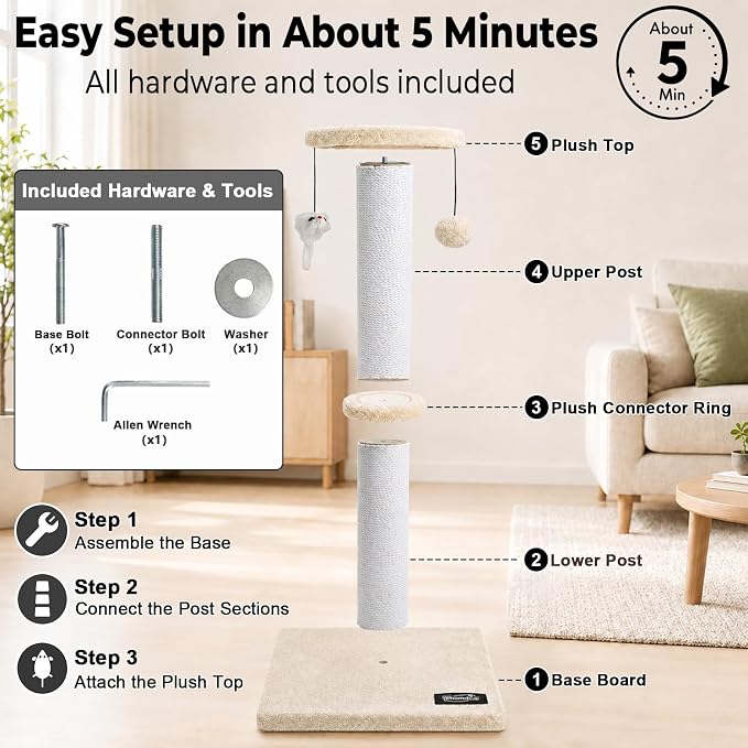 34-Inch Tall Cat Scratching Post for Large Cats, Stable Base, Beige | Heavy-Duty Cat Scratcher, Extra-Tall Thick Post, Soft Natural Cotton Rope, Hanging Interactive Cat Toys, Indoor Cat Furniture
