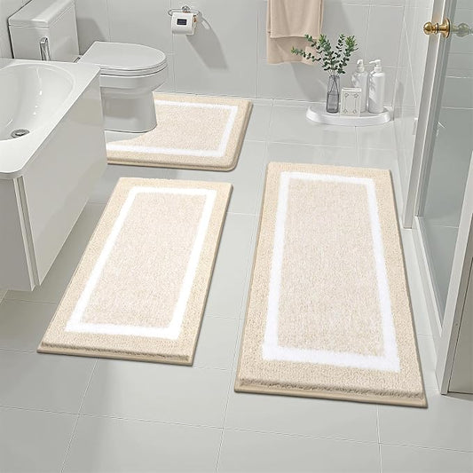 Pauwer 3 Piece Bathroom Rug Set, Non Slip Washable Bath Mat, Light Beige | Soft Plush Microfiber, Super Absorbent Floor Carpet, U Shaped Toilet Mats, Quick Dry, Shaggy Shower Rugs Runners