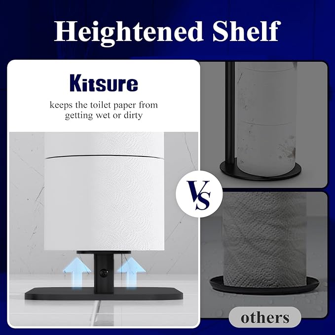 Kitsure Metal Toilet Paper Holder Free Standing, Medium, Black | Rustproof Toilet Paper Stand for 4 Rolls, Bathroom Organizers and Storage with Anti-Slip Base and Plastic Shelf