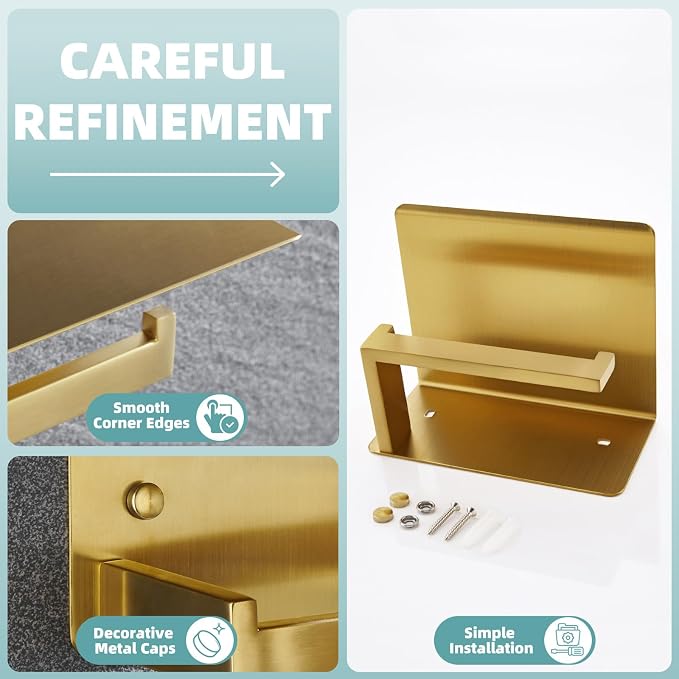 Toilet Paper Holder with Shelf Brushed Dark Gold, APLusee SUS 304 Stainless Steel Modern Bathroom Accessories Tissue Roll Dispenser Storage