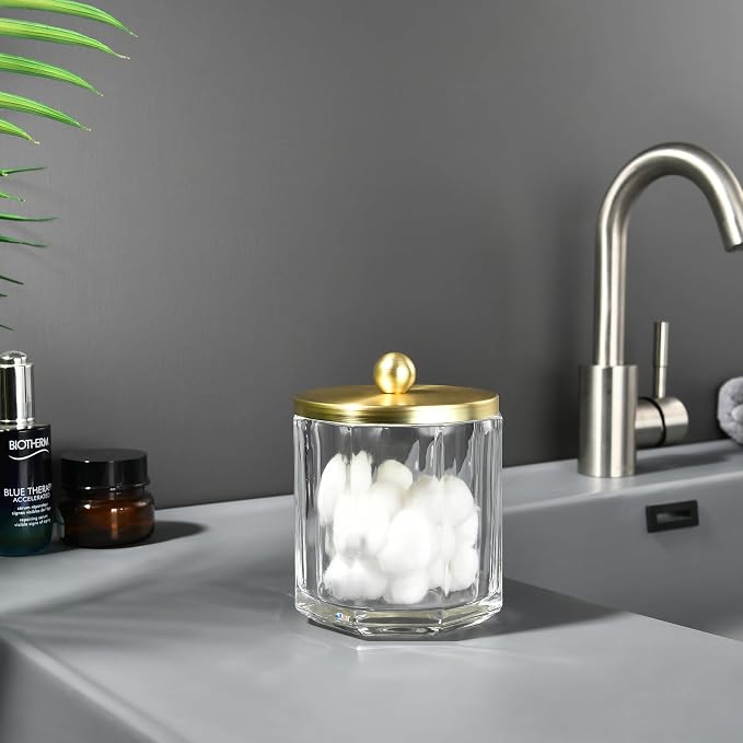 Clear Transparent Apothecary Octagional Shaped Glass Canister Jar With Gold Metal Lid Cover for Bathroom Organization, Cotton Balls, Q Tips, and Small Accessories, Bathroom Storage