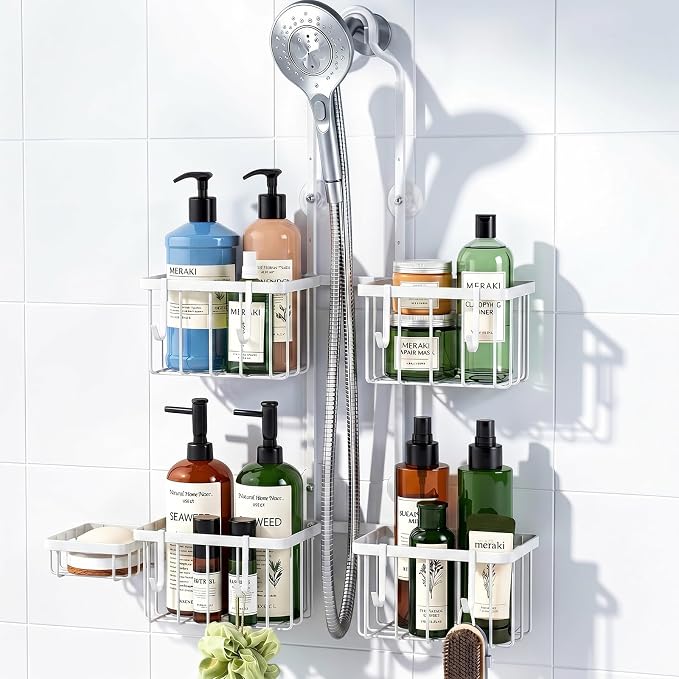 Luxspire Hanging Shower Caddy Overhead, Shower Organizer Hanging, White | No Drilling Required, Height-Adjustable, Thickened Rustproof Stainless Steel, Heavy-Duty, Include 8 Hooks And Soap Holder