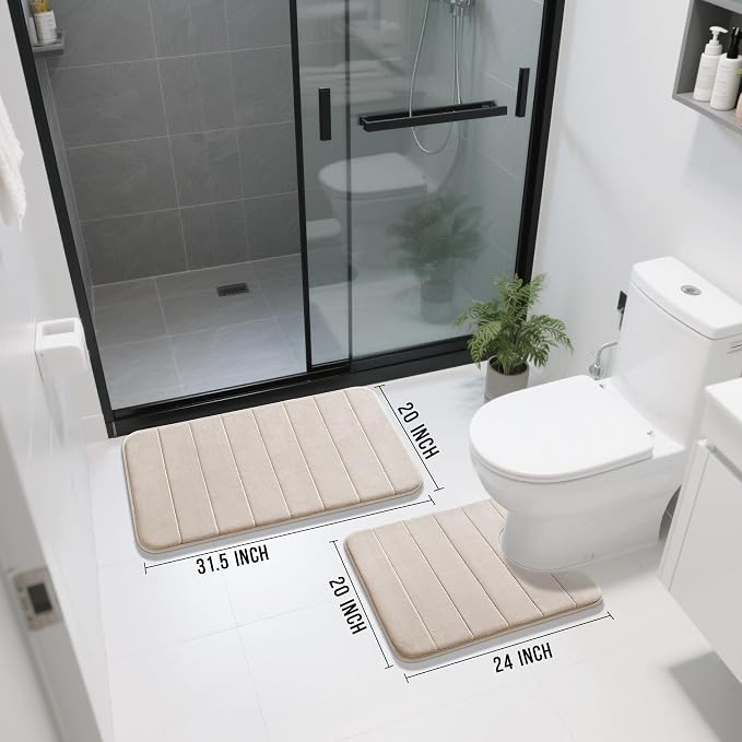 Yimobra Memory Foam Bath Mat Set 2 Piece - Super Soft Absorbent Quick Dry Bathroom Toilet Rugs, Machine Washable Non Slip Floor Carpet for Tub Shower & Single Sink (31.5x20 & 24x20, Beige)