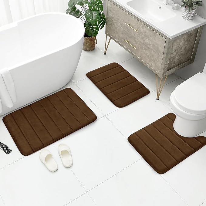 BYSURE Brown Memory Foam Bathroom Rug Set 3 Piece, Non Slip Extra Soft Absorbent Bath Mats, Machine Washable & Dry Toilet Mat Sets for Bathroom Floor | Non Slip Extra Soft Absorbent Machine Washable Toilet Bath Toilet Mat for Shower, for Bathroom