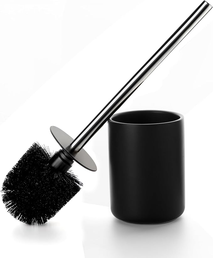 Ceramic Toilet Brush and Holder Set, Toilet Bowl Cleaner Brush | Freestanding Deep-Cleaning, Stainless Steel Handle, Small & Sturdy for Storage, Easy to Clean, Non-Scratching