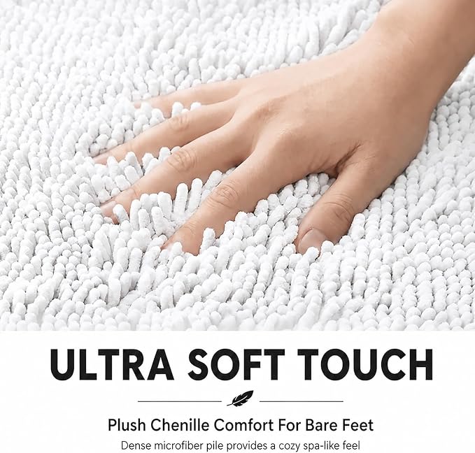 Bathroom Rugs Sets 2 Piece,Super Absorbent Soft,Thick,Machine Washable Chenille Bath Mat,Non Slip Toilet Floor Rug,Bath Mats for Bathroom,20x32 Plus 20x20 U Shape,White