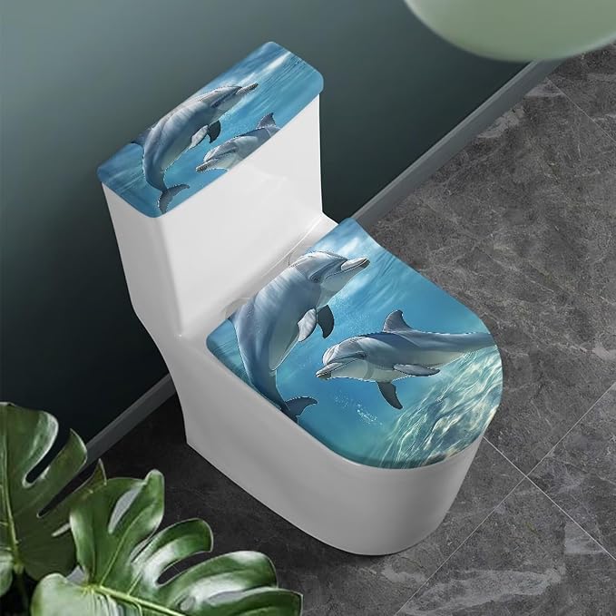 Sea Dolphin Toilet Seat Cover and Toilet Tank Cover Replacement Washable Soft Protective Decor Novelty Bathroom Accessory Set