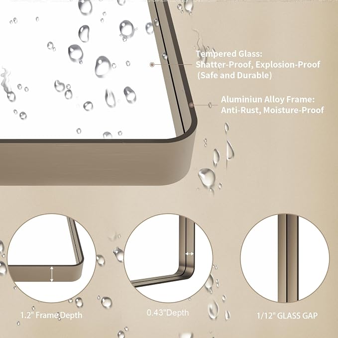LOAAO 36"X36" Bronze Bathroom Mirror | Rounded Rectangle, Brushed Bronze Metal Frame, Anti-Rust, Tempered Glass, Hangs Horizontally or Vertically
