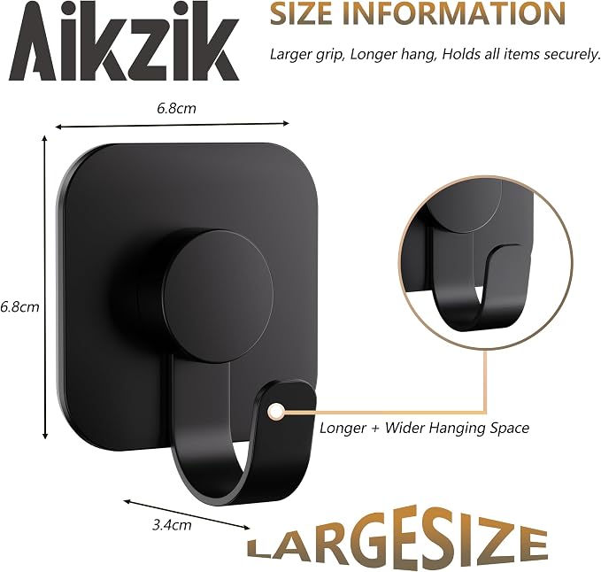 Aikzik 4 Pack Large Heavy Duty Wall Hooks - 26lb Max, Stainless Steel Adhesive Towel Hooks for Hanging Towel, Coat, Robe, Sticky Towel Holder for Wall Mount in Bathroom, Kitchen, Shower, Door - Black