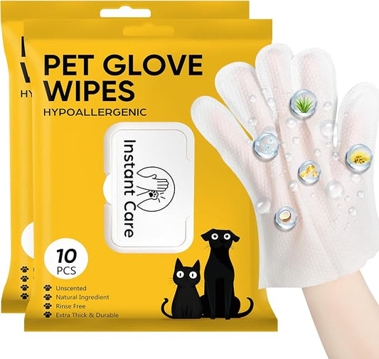 Pet Glove Wipes for Dogs & Cats, Hypoallergenic Large Size 9 x 9.8 inch | 20PCS, Unscent, No Rinse, Cleaning Wipes, Bath Gloves for Grooming, Paws, Face, Ears, Fur and Butt
