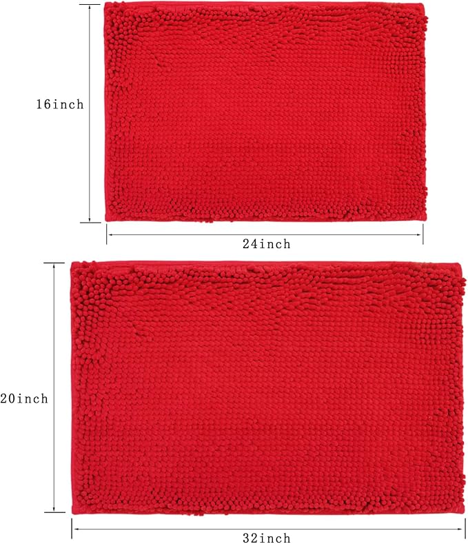 Bathroom Rugs Sets 2 Piece,Super Absorbent Soft,Thick,Machine Washable Chenille Bath Mat,Non Slip Toilet Floor Rug,Bath Mats for Bathroom,16x24 Plus 20x32 Shape,Red