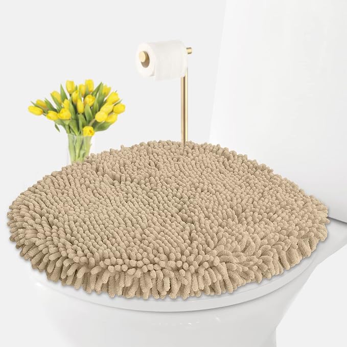 LuxUrux Toilet Lid Cover with Stretch Fit Elastic Band – Chenille Microfiber Toilet Seat Non-Slip Cover for Bathroom – Soft Plush, Machine Wash And Dry, Comfort & Clean Look (18 x 18'', Birch)