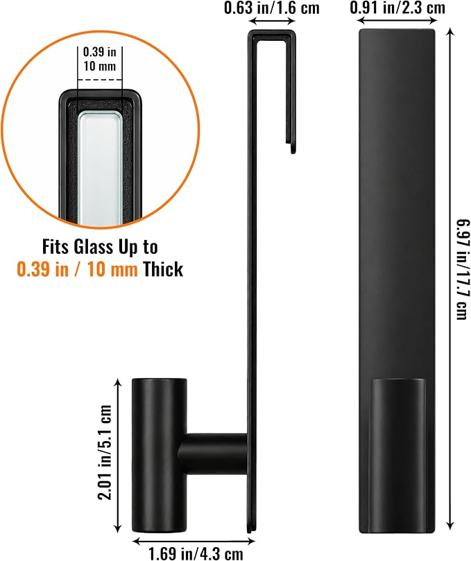 Shower Door Hooks, Over The Glass Shower Towel Hook, Black, 2 Pack | Stainless Steel, Heavy Duty, Easy Installtion, Slim Design, Soft Padding, Towel Hooks For Glass Shower Door