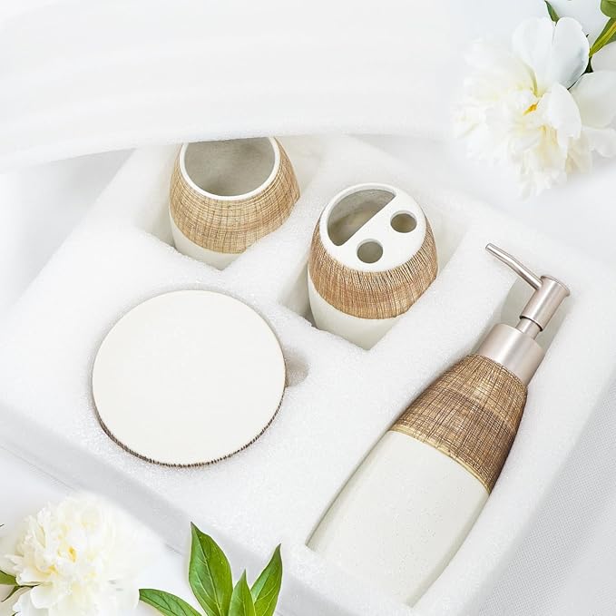 CERBIOR Bathroom Accessories Set,4 PCS Ceramic Bath Accessory,Brown White | Includes Toothbrush Holder, Toothbrush Cup, Soap Dish for Decorative Countertop and Housewarming Gift