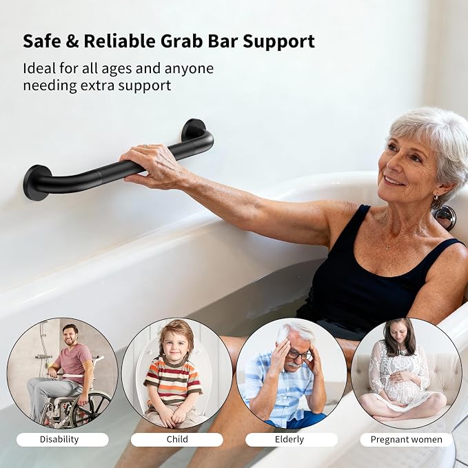 Black Grab Bar 20 Inch, iHansee Anti-Slip Bathroom Grab Bar w/Knurled Grip, Stainless Steel Safety Handrail for Toilet Bathtub Shower, Wall Mounted Matte Black Handicap Bars Handle for Senior Elderly