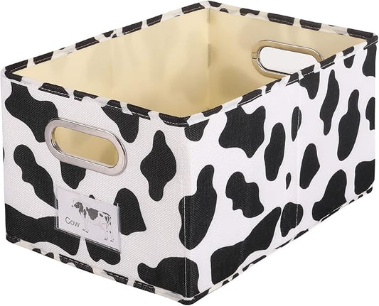 ANMINY Fabric Storage Bin Cow Print Cotton Linen Foldable Open Storage Basket Box with Handles PP Plastic Board Label Window Pocket Decorative Washable Desktop Closet Shelf Organizer Container - Small