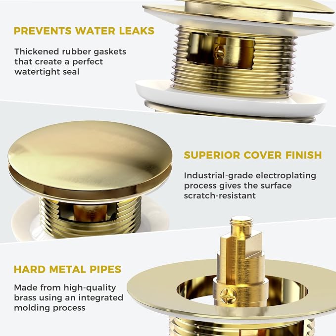 BOTEMY Solid Brass Pop-Up Drain for Freestanding Tubs, Tool-Free Installation Bathtub Drain Stopper with Brushed Gold Finish, Universal Fit 1.8" Hole Size, Leak-Proof Heavy Duty Design (Brushed Gold)