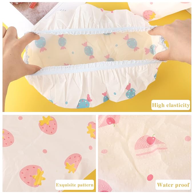 Waterproof Shower Caps, 3 Pcs Plastic Reusable Shower Caps Elastic Band Bath Caps for Women, Kids (Food) | Non-Slip Elastic Band, for Shower, Spa, Travel, Makeup, Cooking, Hair Care
