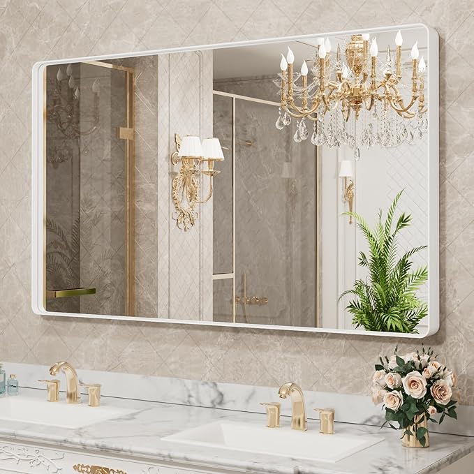 LOAAO 55x30 Inch White Metal Framed Bathroom Mirror | Rounded Rectangle Mirror, Anti-Rust, Tempered Glass, Hangs Horizontally or Vertically