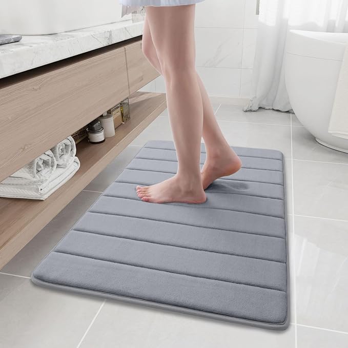 Buganda Memory Foam Bath Mat 35.4 x 24, Ultra Soft Absorbent Bathroom Rugs | Medium Grey, Machine Washable Quick Dry Bath Mats for Bathroom Floor, Shower and Tub, Home Decor Accessories