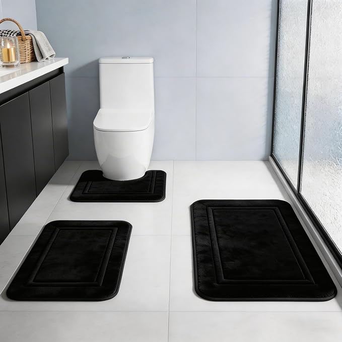 Bathroom Rugs Set 3 Piece Memory Foam, Bordered Toilet Rug, Non-Slip Black | Modern & Monochrome Decor — Black bath mats, absorbent and washable, with a U-shaped toilet mat.