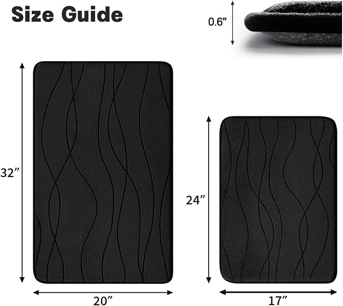 Bathroom Rugs Set 2 Piece, Memory Foam Bath Mat Black | 17x24& 20x32, Ultra Soft, Absorbent, Non-Slip, Machine Washable, for Bathroom, Sink and Toilet