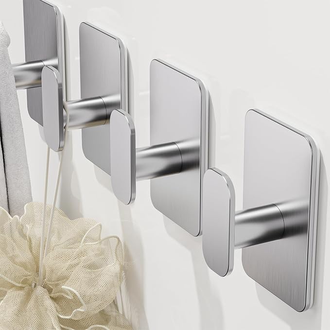 Large Heavy Duty Wall Hooks - 26lb Max, Stainless Steel Adhesive Towel Hooks for Hanging Towel, Coat, Robe, Hat, Sticky Towel Holder for Wall Mount in Bathroom, Shower, Kitchen(Silver, 4 Pack)