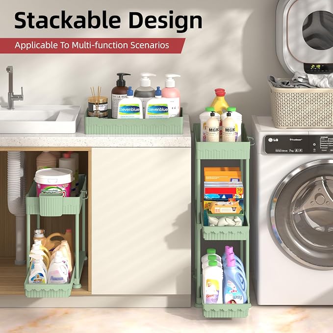 Sevenblue Under Sink Organizer, Bathroom Organizers and Storage, 2 Tier Multi-Use Pull Out Cabinet Organizer with Hang Hooks and Cups (Green, 12.8 Inch)