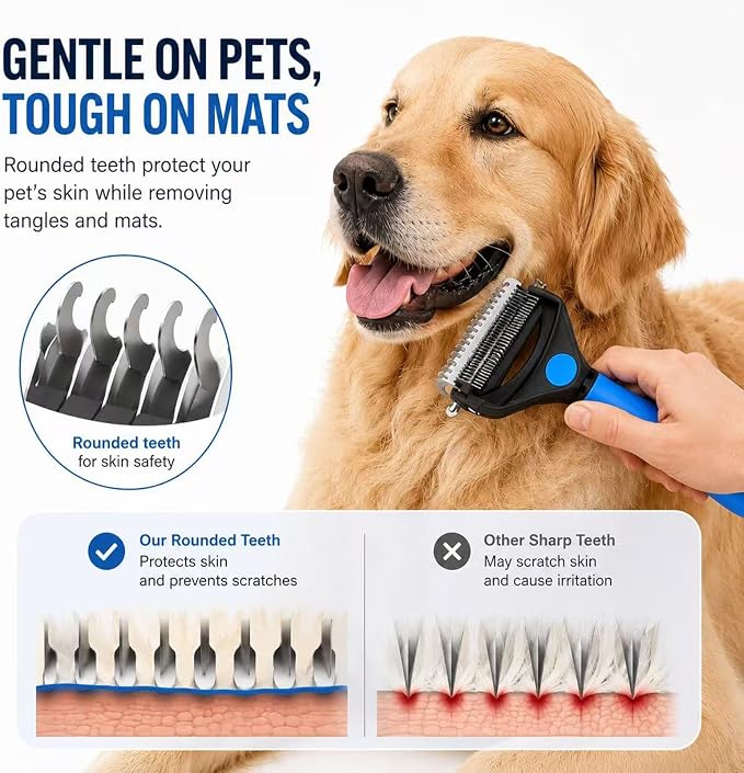 Deshedding Dog Brush，3-in-1 Undercoat Rake for Dogs，Pet Pro Grooming Tool – Ultimate Dematting Comb & Deshedding Brush for Cats and Dogs, Perfect for Shedding & Detangling (Blue)
