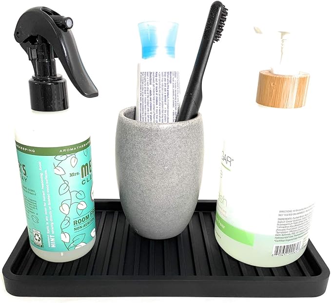 Silicone Sink and Surface Organizer Tray, Sponge Holder, Vanity Tray, Trivet, Heat Safe, Dishwasher Safe, for Bathroom and Kitchen Organization (Black, 10"x5.25")