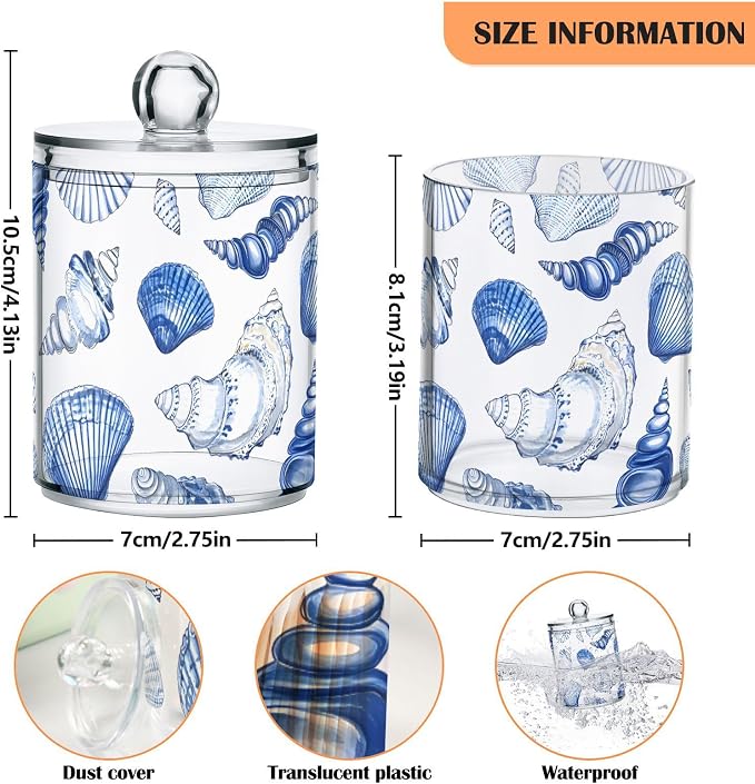 2 Pack Qtip Holder Dispenser for Cotton Ball Blue Seashells Ocean Nautical Coastal Cotton Swab Round Pads Clear Plastic Acrylic Jar Set Bathroom Canister