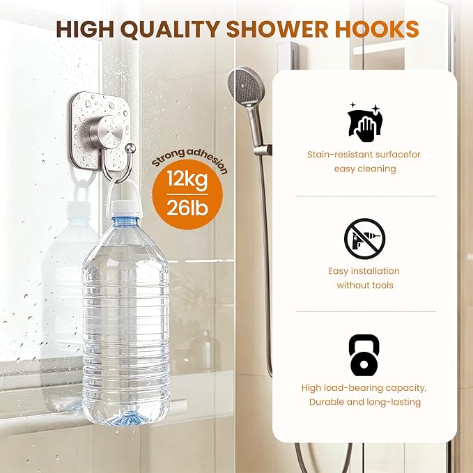 Aikzik 4 Pack Large Heavy Duty Wall Hooks - 26lb Max, Stainless Steel Adhesive Towel Hook, Shower Hooks for Hanging Towel, Coat, Robe, Wall Hook for Use in Bathroom, Kitchen and Door