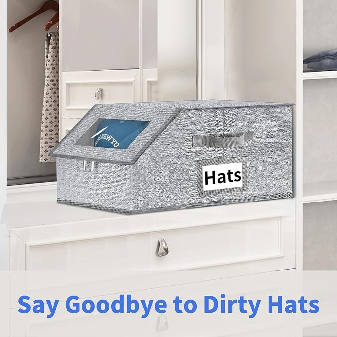 Stackable Hat Storage for Baseball Caps - Hat Organizer with Clear Window | 2PCS Stackable Storage with Clear Window Lid, Flip-Top Access, Space-Saving Hat Box for Closet, Breathable Fabric