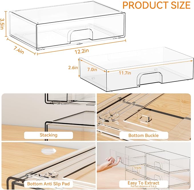 Yieach 12.1''W Clear Stackable Storage Drawers,2 Pack Acrylic Drawer Organizer for Hair Accessories,Makeup Organizers,Plastic Organizer Bins for Vanity,Bathroom,Cabinet,Desktop,Office Supply Organizer