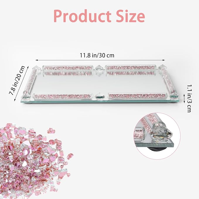 Mirror Perfume Tray for Dresser,Crushed Diamond Filled Glass Vanity Tray,Decorative Bathroom Tray,Crystal Tray for Home Decorative,Party,Hotel Banquet,11.8"x 7.9"x1.2",Pink